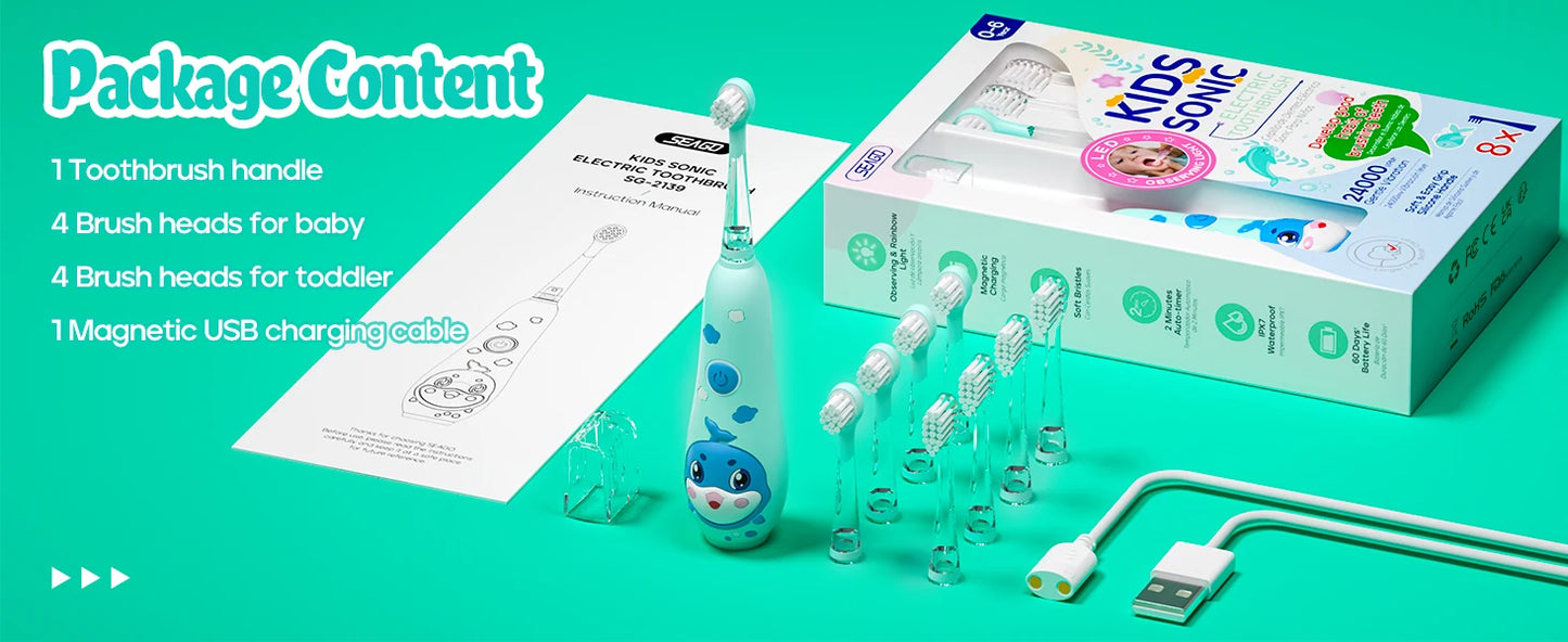 Seago Kids Electric Toothbrush Sonic Child Dolphin Colorful Observing LED 2 mins Smart Timer IPX7  Waterproof Teeth Cleaning