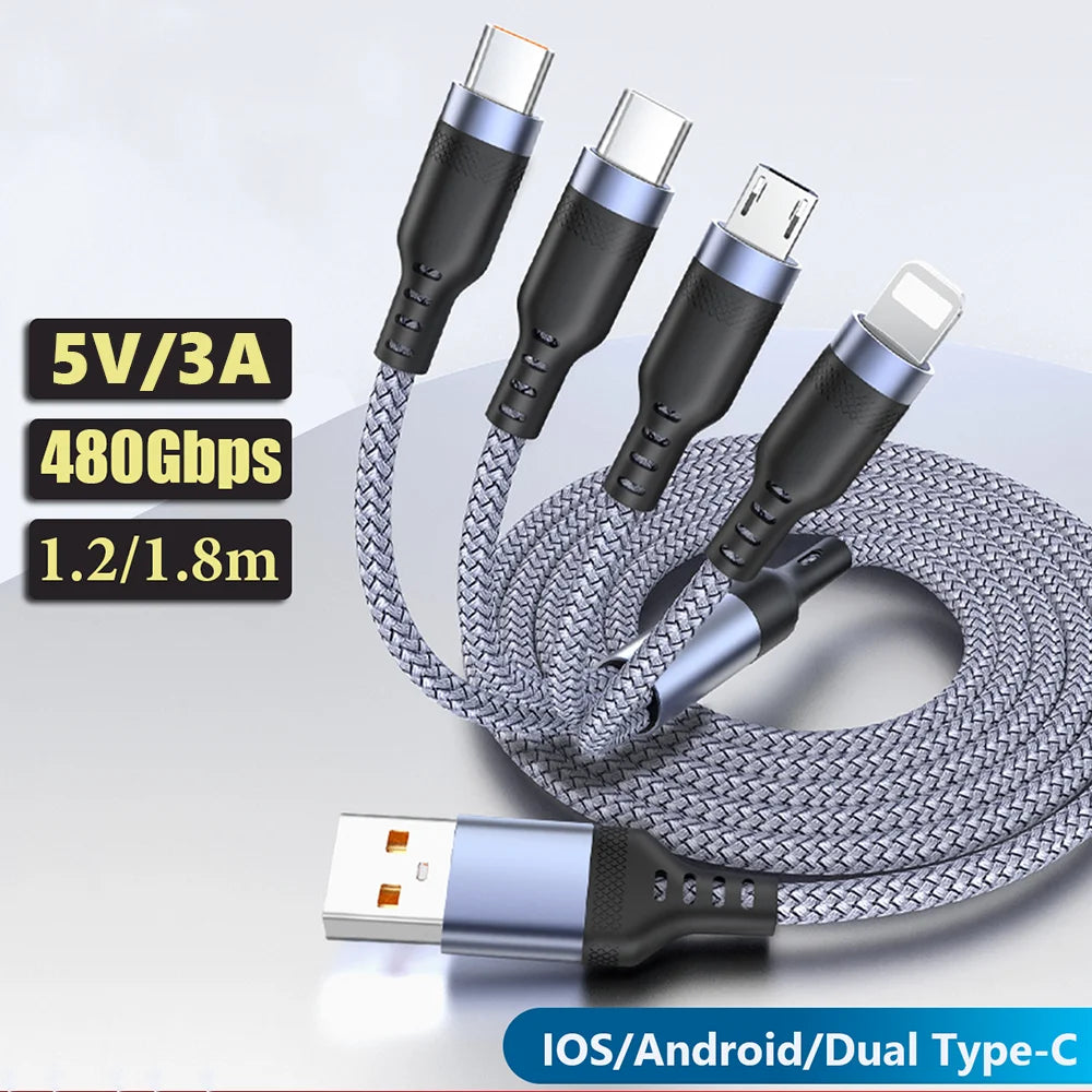Многофункциональный USB-кабель для зарядки (3А) USB-кабель 4 в 1, адаптер для быстрой зарядки iPhone, Android-смартфонов, планшетов и других устройств.