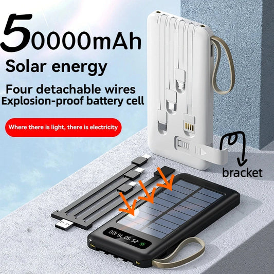 بنك طاقة شمسي بسعة 50000 مللي أمبير، بطارية شحن سريع، كابلان USB 4، شاشة عرض رقمية LED، متوافق مع أجهزة iPhone