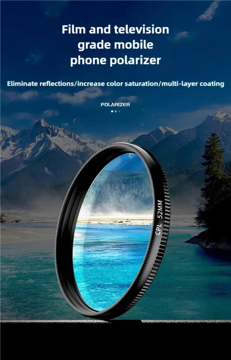 Circular Universal Polarizer Camera Lens Clip 52MM Portable CPL Filter Kit for IPhone 16 15 14 13 Professional Phone Camera Lens
