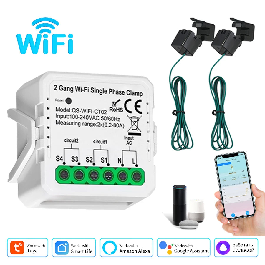 Tuya Smart Energy Monitor WiFi Energy Meter Dual Channel 80A Current Transformer Power Production Consumption Monitor Smart Home