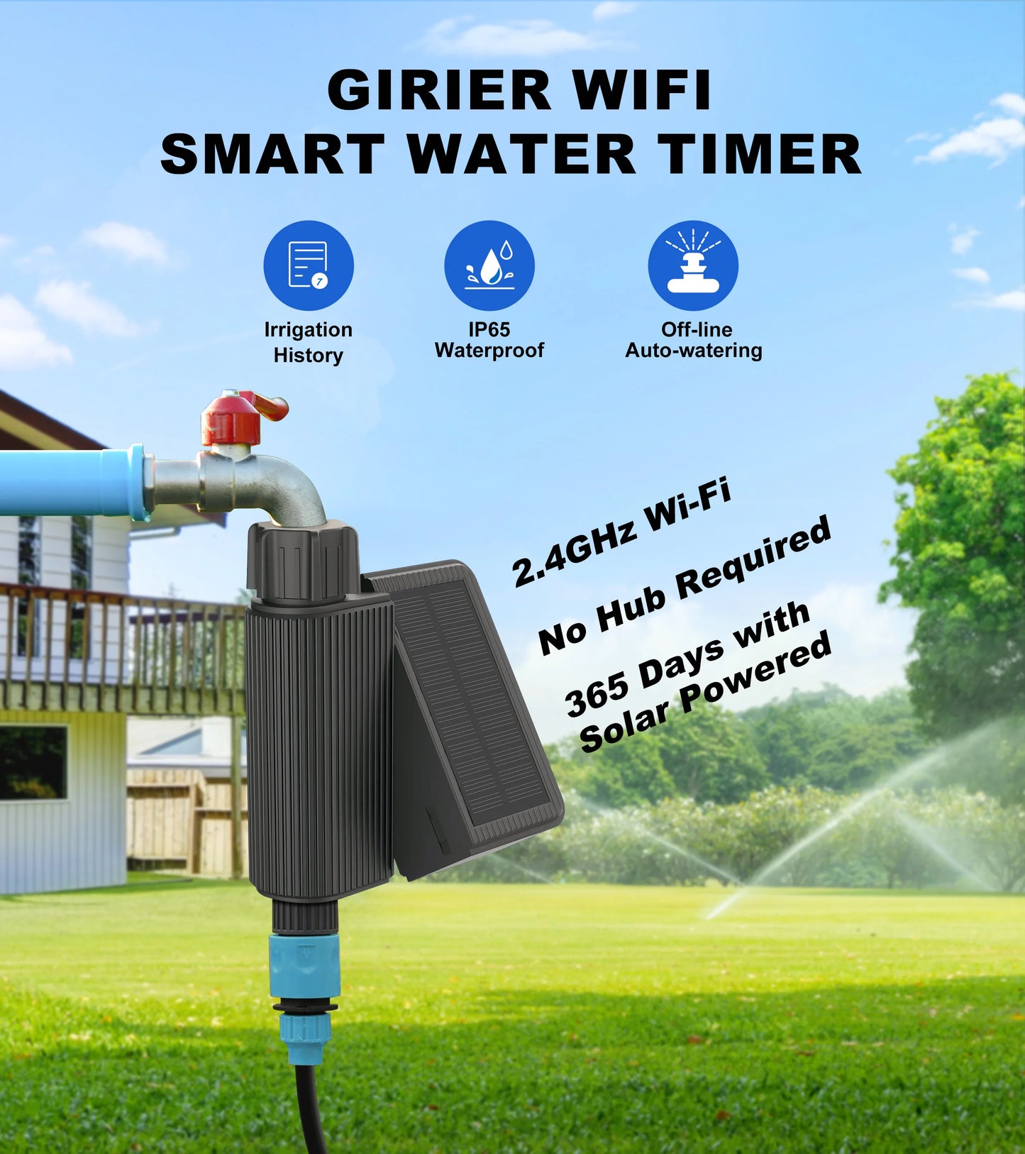 GIRIER Tuya Smart Water Timer Solar Powered Wifi Hose Faucet Timer with Brass Inlet Programmable Sprinkler Timer No Hub Required