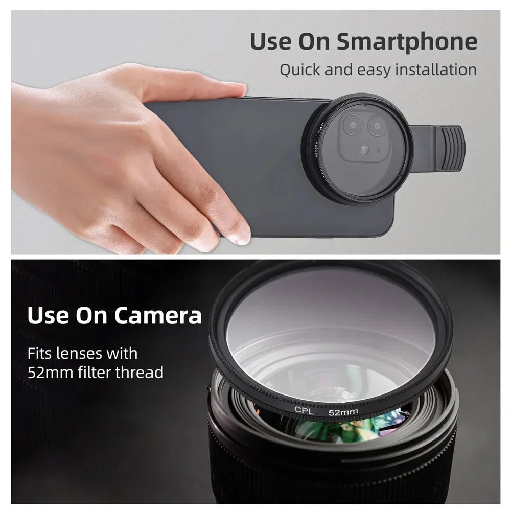 Circular Universal Polarizer Camera Lens Clip 52MM Portable CPL Filter Kit for IPhone 16 15 14 13 Professional Phone Camera Lens