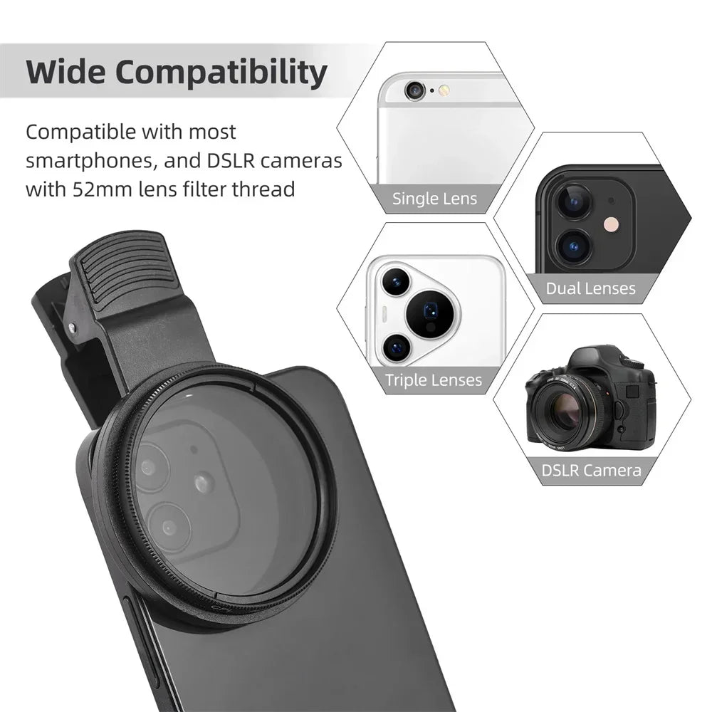 Circular Universal Polarizer Camera Lens Clip 52MM Portable CPL Filter Kit for IPhone 16 15 14 13 Professional Phone Camera Lens