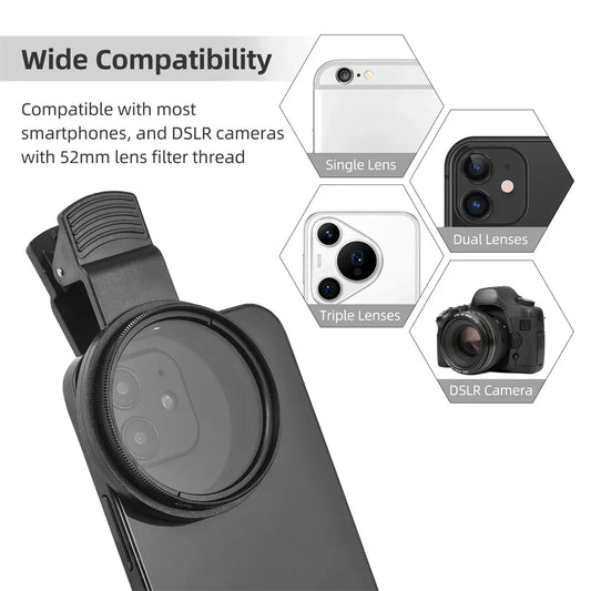 Circular Universal Polarizer Camera Lens Clip 52MM Portable CPL Filter Kit for IPhone 16 15 14 13 Professional Phone Camera Lens