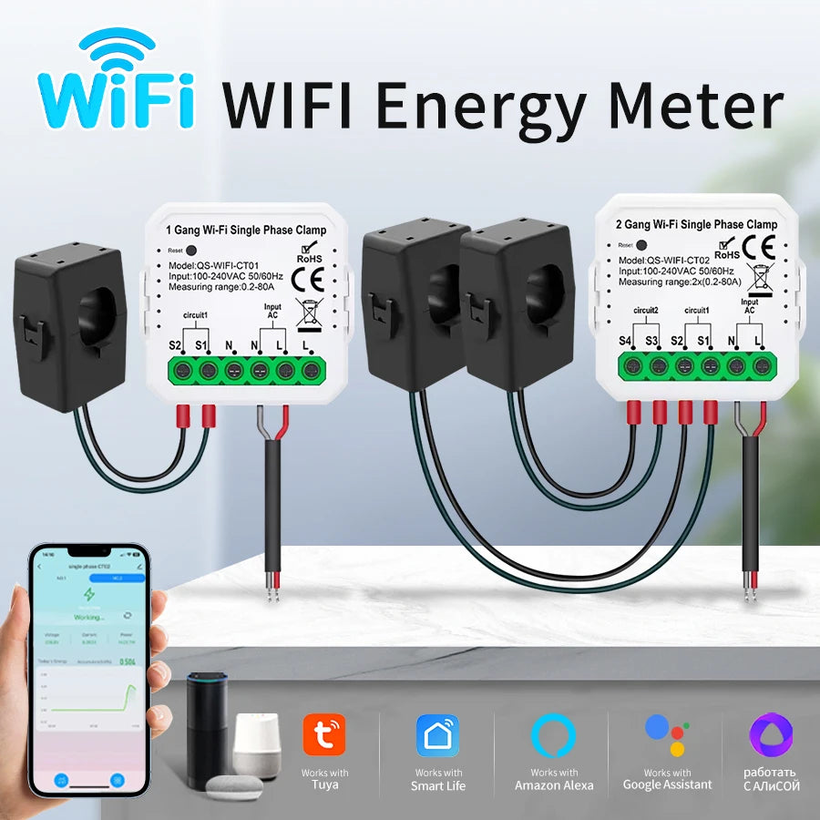 Tuya Smart Energy Monitor WiFi Energy Meter Dual Channel 80A Current Transformer Power Production Consumption Monitor Smart Home