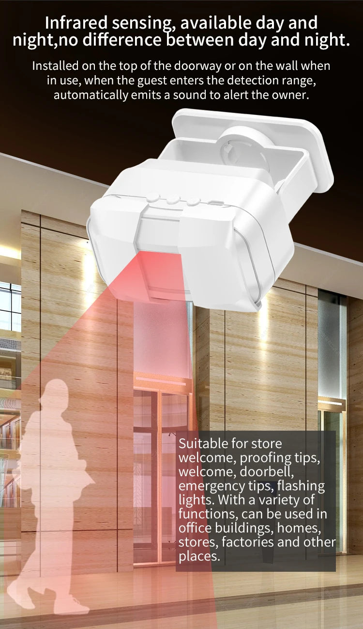 Wireless Guest Welcome Chime Alarm Door Bell PIR Motion Sneosr for Shop Company Entry Security Protection Smart Doorbell