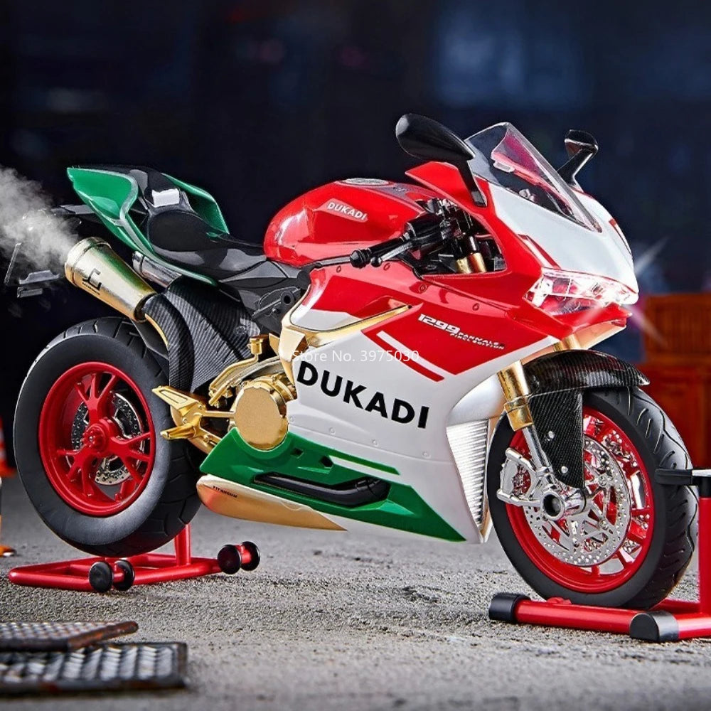 1:9 1299 Motorcycles Car Toy Alloy Diecast Model Rubber Tires with Light Music Spray Miniature Vehicle Kids Children's Day Gifts
