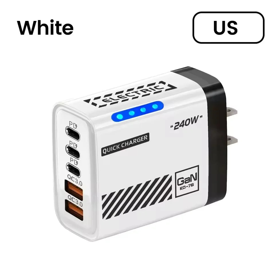5 IN 1 GaN Desktop Charger For IPhone17 16Pro Laptop Samsung 240W Fast Charging Adapter USB C To Type-C Cable 3PD 2USB Charger