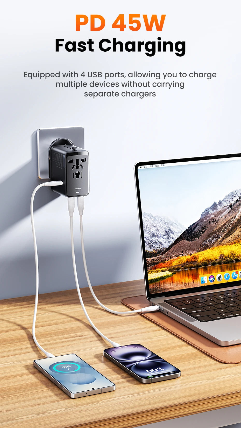 Toocki GaN Universal Travel Adapter With 3C1A 45W Fast Charging 2500W Max All-in-one Travel Charger EU/UK/USA/AUS Plug For Trave