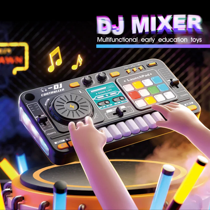 Kid Electricity DJ Mixer with Microphone Electronic Piano Keyboard DJ Turntable Controller Turntable Instrument Kid Birthday Gif