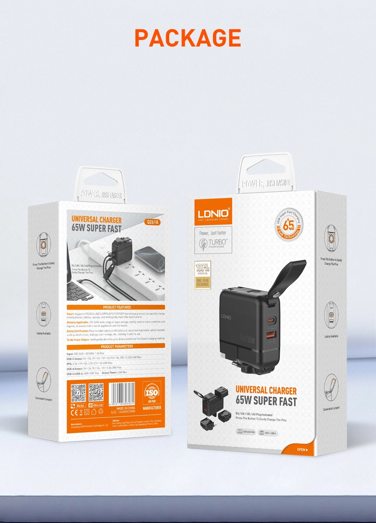 LDNIO GaN 65W Fast Charger Type C Universal Travel Adapter With US EU UK AUS Plug All-in-One Portable USB Charger For Travel