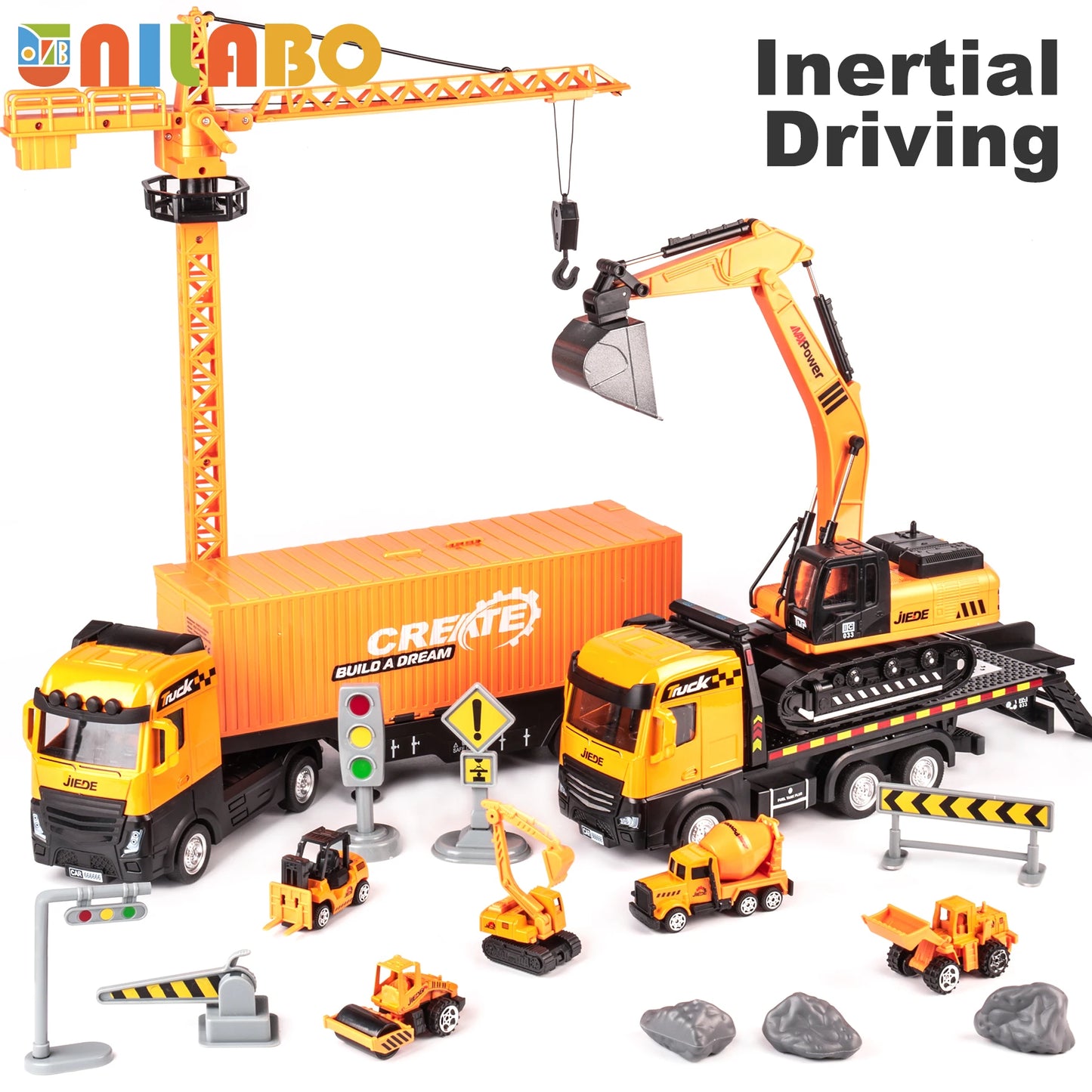 Alloy Construction Vehicles Toy Set for Ages 3-8-STEM Toys with Container Truck/Tower Crane/Excavator, Perfect Birthday Gift