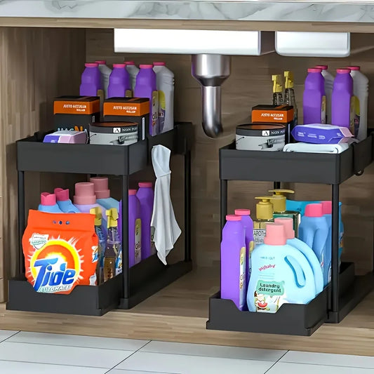 Under Sink Organizer, 2 Tier Sliding Cabinet Storage Basket with Hooks, Purpose Bathroom & Kitchen Organizer Shelf for Bathroom