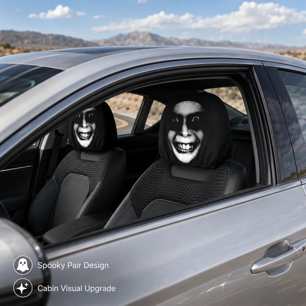 2PCS Scary Smile Face Car Headrest Covers Horror Grinning Print Black Auto Headrest Protector Universal Halloween Decor