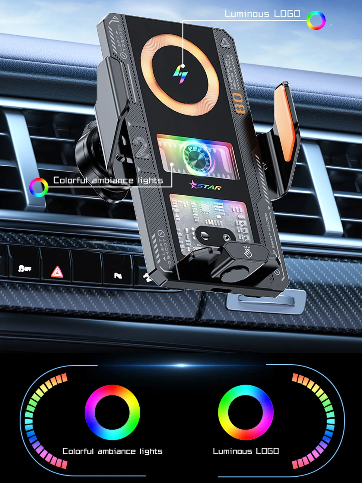 Car Phone Mount With Wireless Charger 66W Magnetic Charging Holder Car Automatic Clamping Stand With Decorative Mood Lighting
