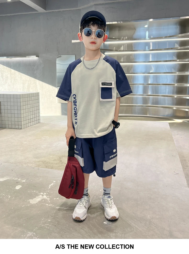 Kids Clothing Sets For Boys Fashion Short Sleeve T Shirts Shorts 2pcs Tracksuits Summer Children Teenager Sportswear Suits 5-14Y