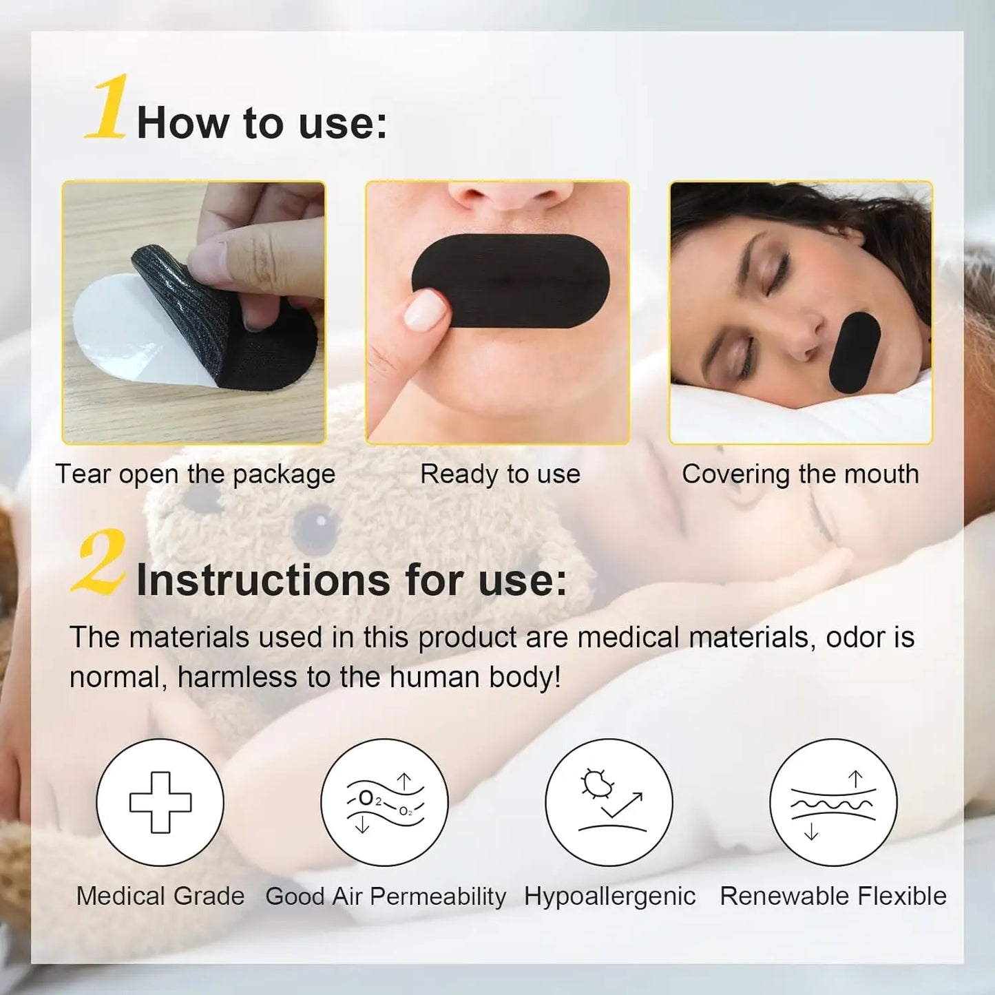 30/60Pcs Anti Snoring Sleep Mouth Tape Best Breathing Nasal Strips Medical Grade Improved Sleeping Snoring Relief