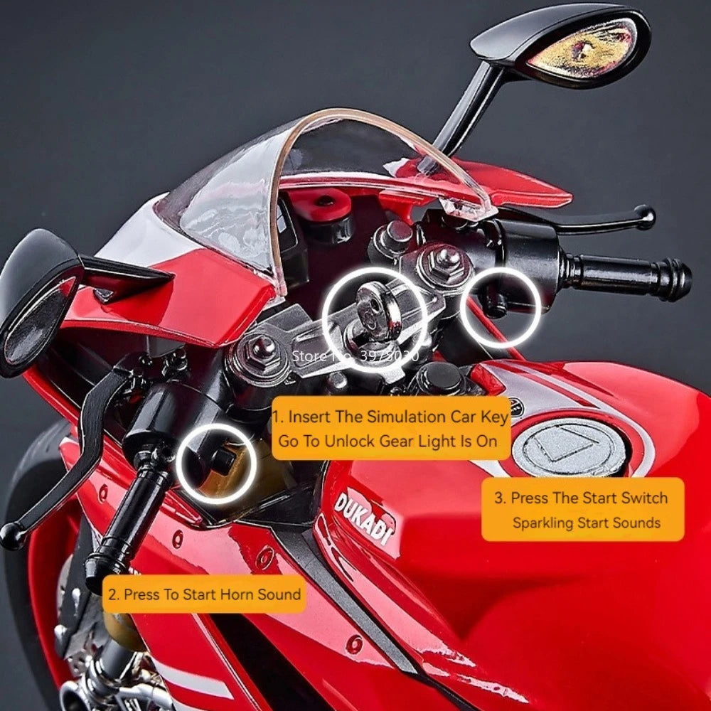 1:9 1299 Motorcycles Car Toy Alloy Diecast Model Rubber Tires with Light Music Spray Miniature Vehicle Kids Children's Day Gifts