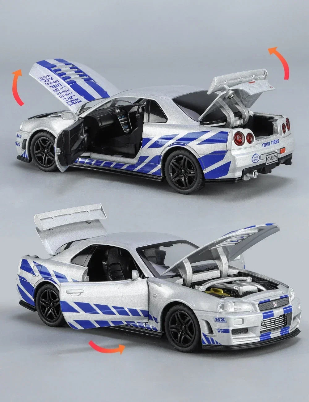 1:32 GTR R34 Skyline Fast & Furious Alloy Car Model Sound and Light Pull Back Children's Toy Collectibles Birthday Gifts
