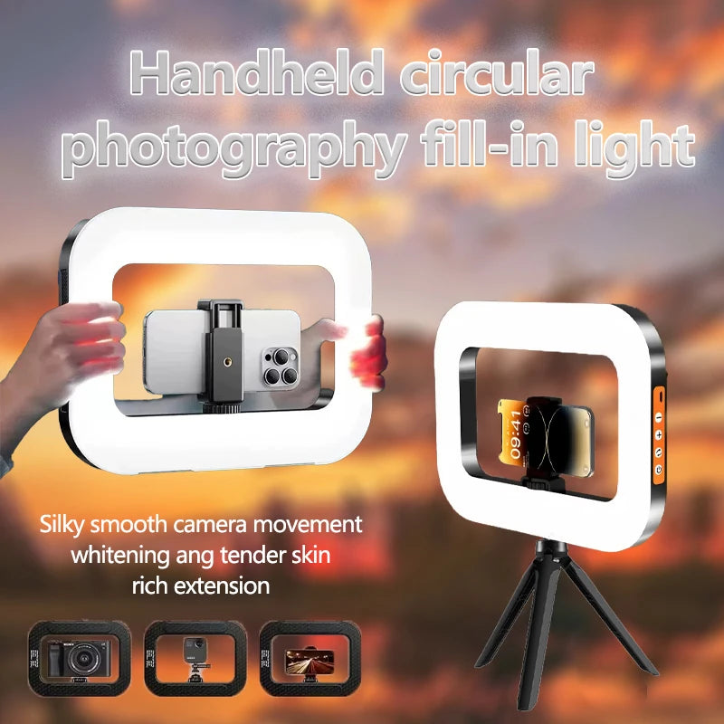 Portable Handheld LED Ring Fill Light USB Rechargeable Selfie Lamp for Phone Camera Makeup Live Broadcast Tiktok YouTube Video