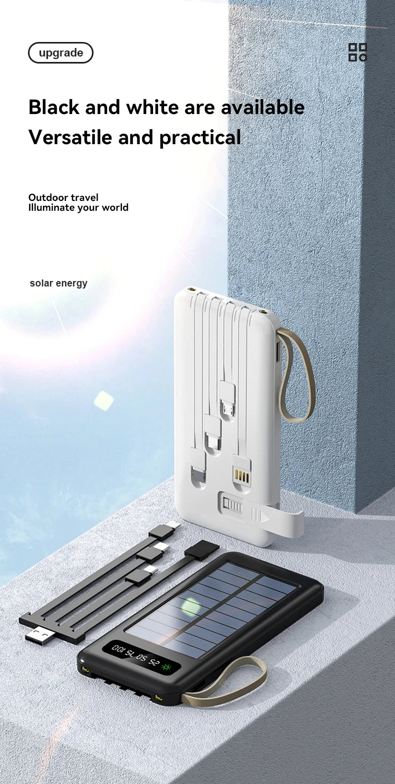بنك طاقة شمسي بسعة 50000 مللي أمبير، بطارية شحن سريع، كابلان USB 4، شاشة عرض رقمية LED، متوافق مع أجهزة iPhone