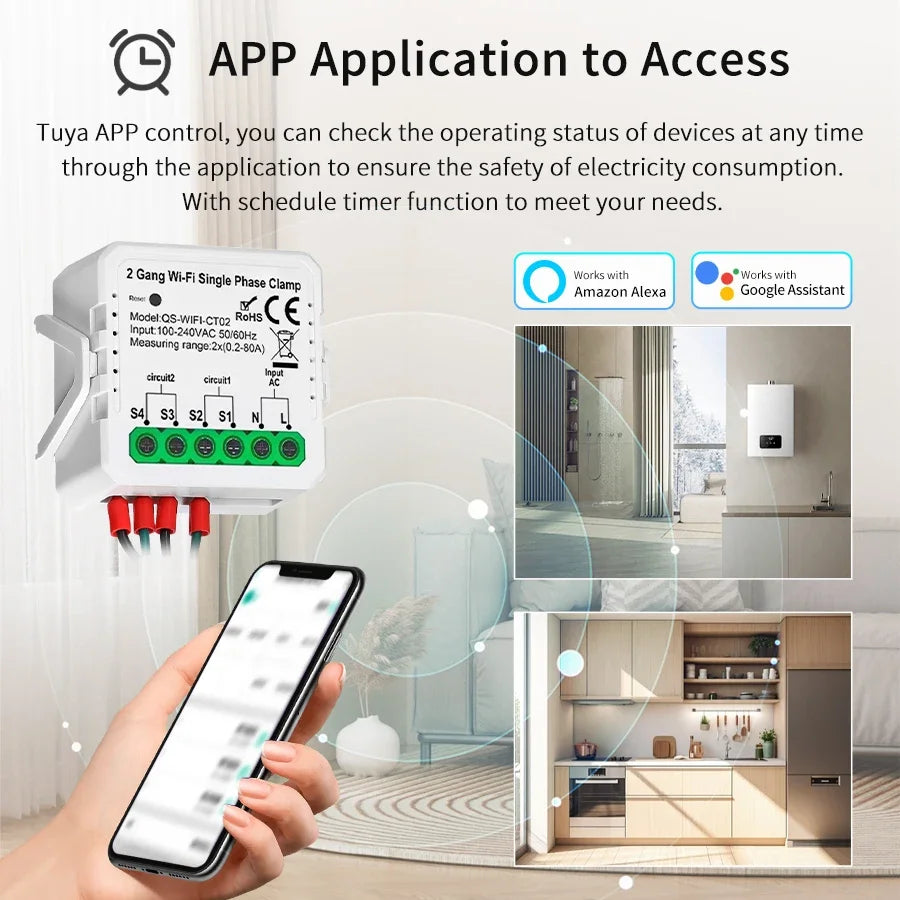 Tuya Smart Energy Monitor WiFi Energy Meter Dual Channel 80A Current Transformer Power Production Consumption Monitor Smart Home