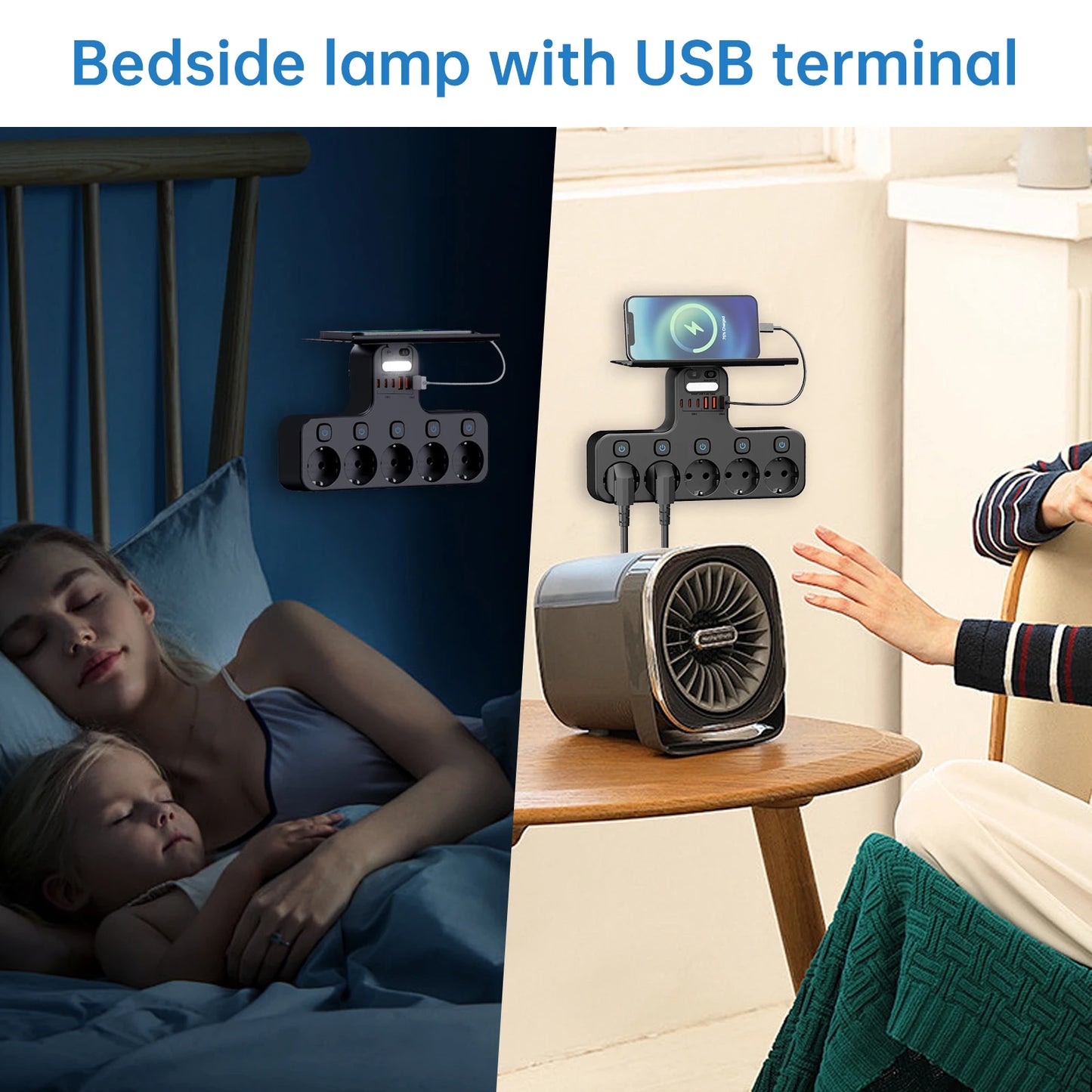 4000W European Standard Outlet Wall Mounted Smart Night Light Independent Switch Eu Plug Power Strip with USB C Ports Charging