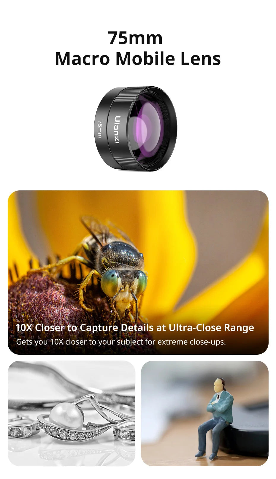 Ulanzi Universal Mobile Lens 75mm Macro/8mm Fisheye/16mm Wide-Angle/60mm Telephoto Phone Lens for Photography Videography