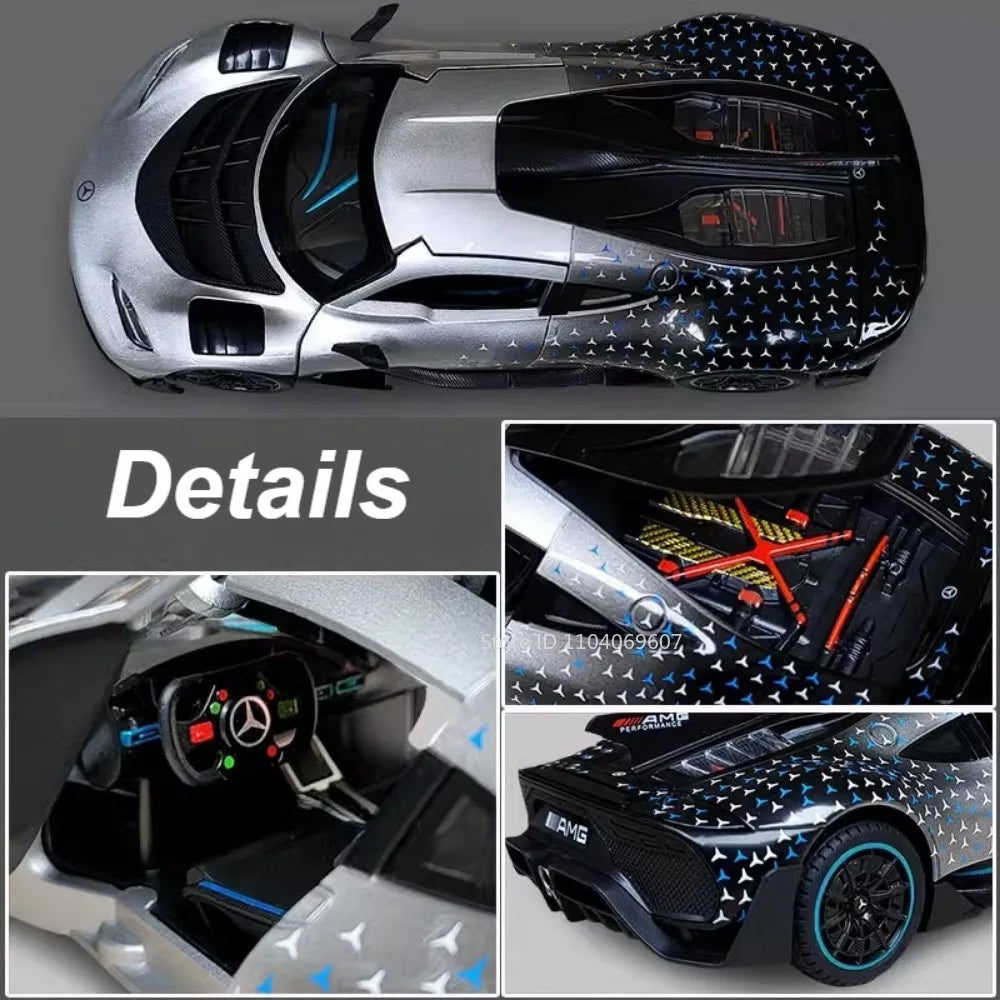 Scale 1:24 ONE Sports Car Model Toy Modified Metal Diecast Free Wheeling Vehicles Simulation Sound & Light Gift for Children