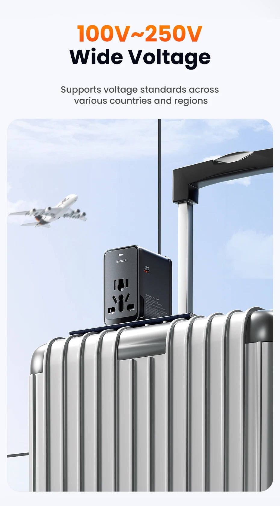Toocki GaN Universal Travel Adapter With 3C1A 45W Fast Charging 2500W Max All-in-one Travel Charger EU/UK/USA/AUS Plug For Trave