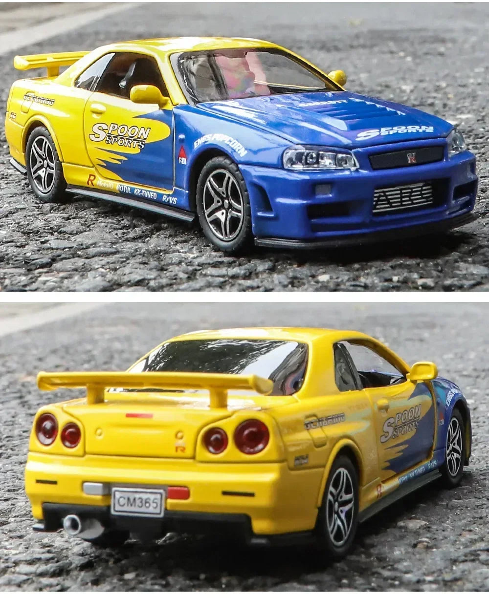1:32 GTR R34 Skyline Fast & Furious Alloy Car Model Sound and Light Pull Back Children's Toy Collectibles Birthday Gifts