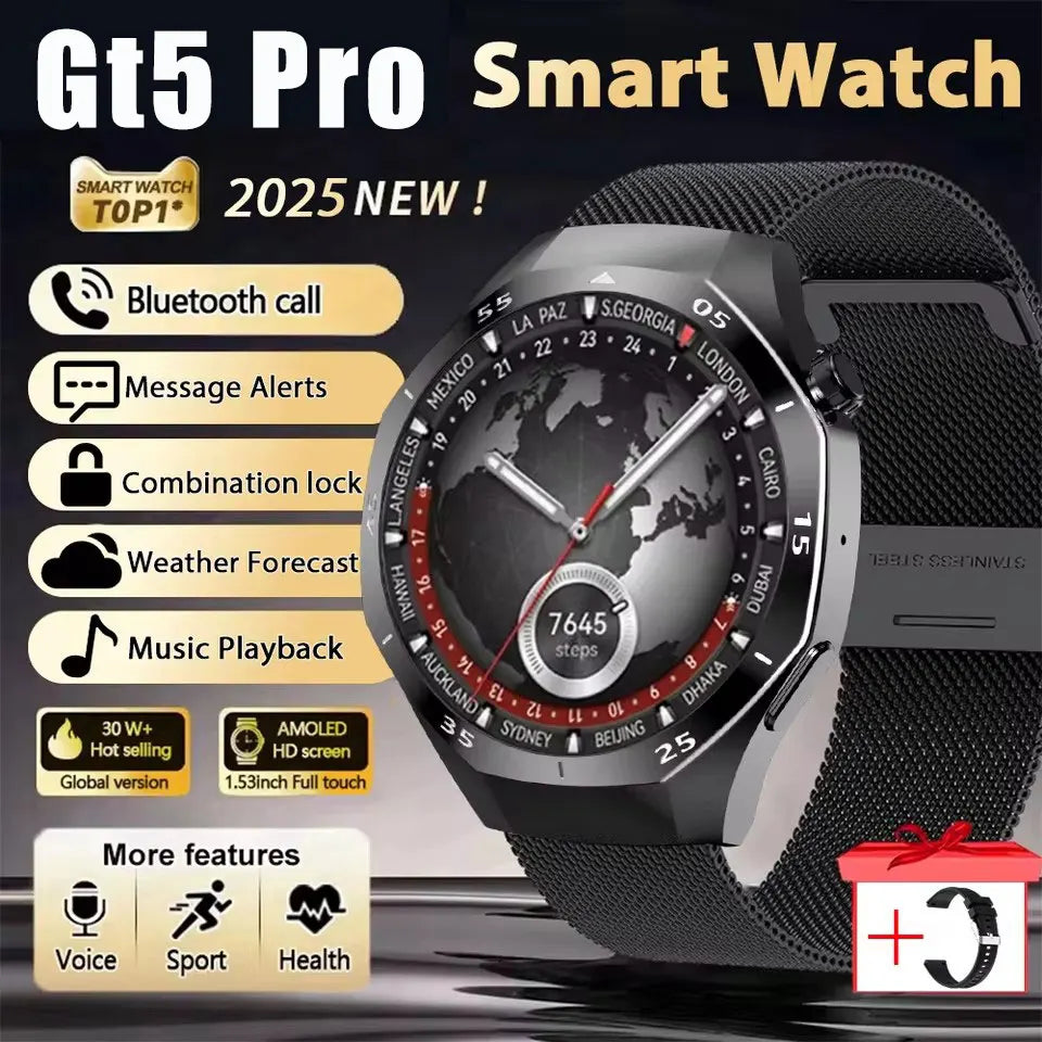 ساعة GT5 Pro الذكية الجديدة للرجال، إصدار 2025، مزودة بنظام تحديد المواقع العالمي (GPS)، وشاشة AMOLED بزاوية 360 درجة، وتقنية NFC، وبلوتوث لإجراء المكالمات، ومقاومة للماء، وميزة مراقبة الصحة، متوافقة مع نظام iOS.