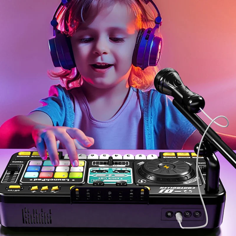 Kid Electricity DJ Mixer with Microphone Electronic Piano Keyboard DJ Turntable Controller Turntable Instrument Kid Birthday Gif