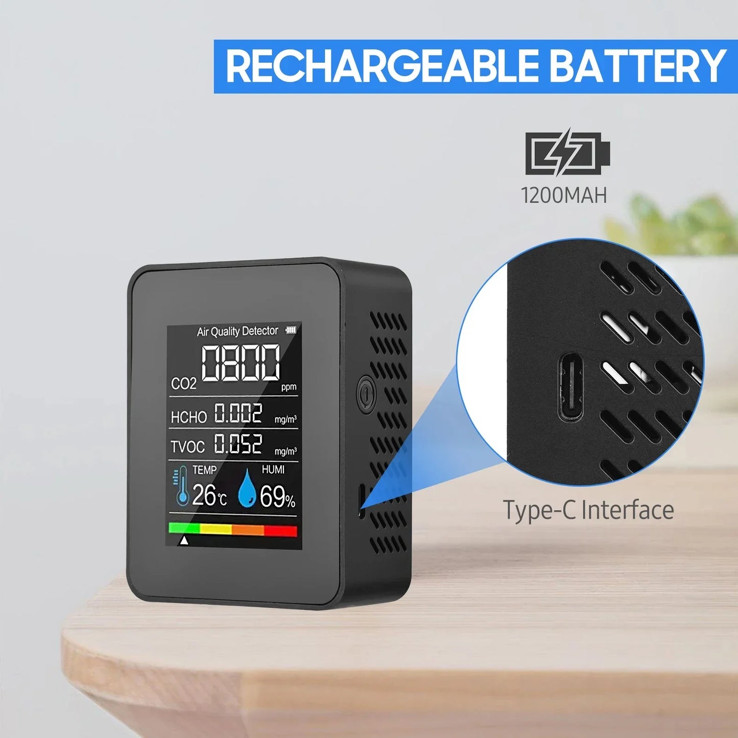 Air quality monitor multifunctional 5in1 CO2 meter digital home temperature humidity tester carbon dioxide HCHO TVOC detector