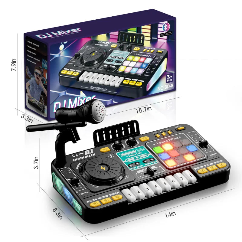 Kid Electricity DJ Mixer with Microphone Electronic Piano Keyboard DJ Turntable Controller Turntable Instrument Kid Birthday Gif