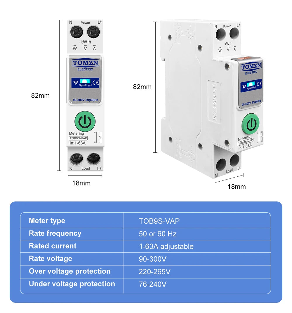 TUYA smartlife 1- 63A TOMZN 1P+N WIFI Smart Switch Energy Meter Kwh Metering Monitoring Circuit Breaker Timer Relay MCB