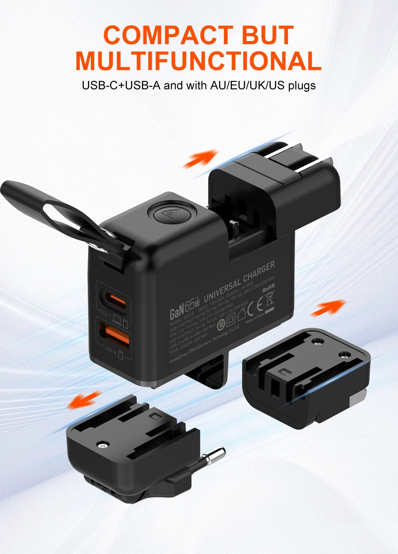 LDNIO GaN 65W Fast Charger Type C Universal Travel Adapter With US EU UK AUS Plug All-in-One Portable USB Charger For Travel