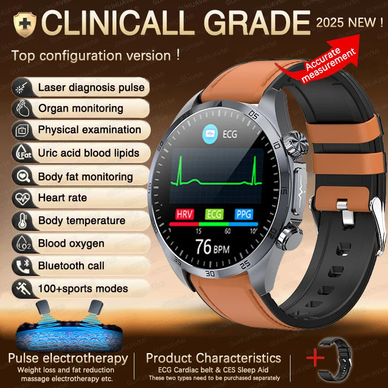 2025 Laser Pulse Uric Acid Blood Fat Nursing Smart Watch Men Body Fat Blood pressure ECG+PPG Sleep aid Treatment Health Watch