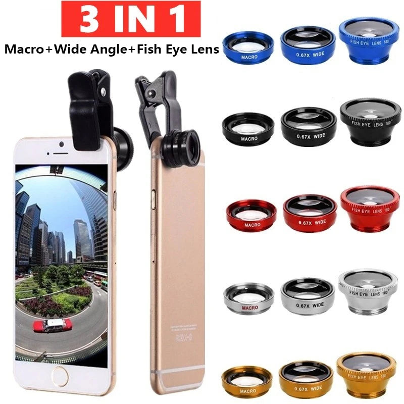 Universal 3in1 Fisheye Wide Angle Micro Camera Lens For iPhone Xiaomi Redmi Zoom Fish Eye Len on Smartphone Lenses Phone Clip