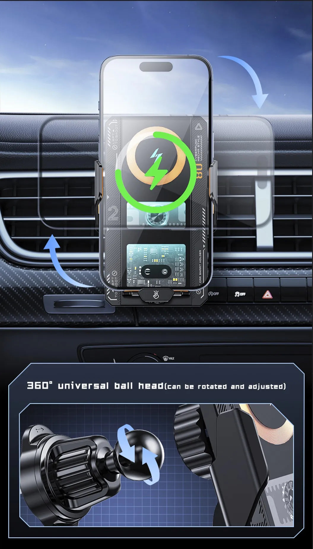 Car Phone Mount With Wireless Charger 66W Magnetic Charging Holder Car Automatic Clamping Stand With Decorative Mood Lighting