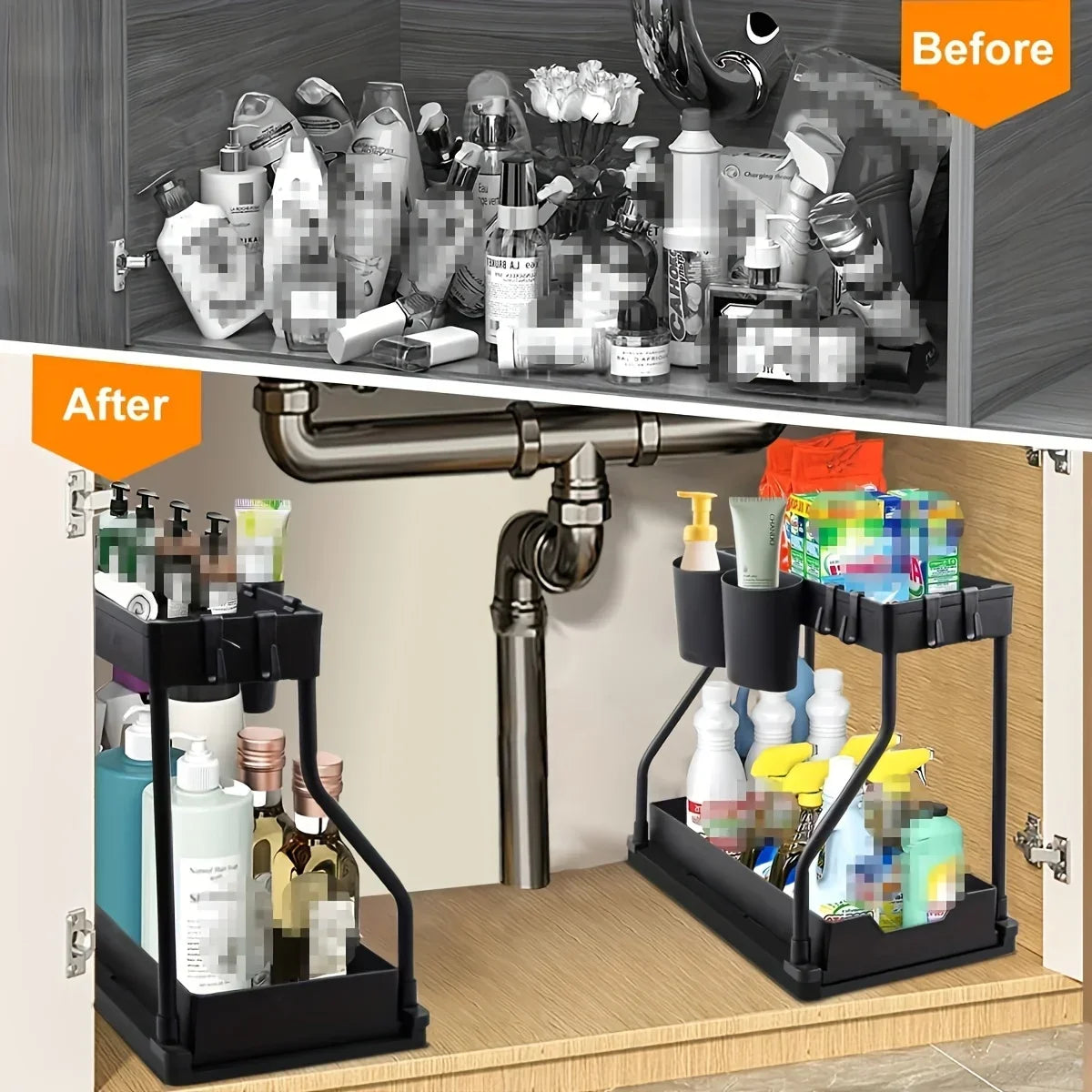 2 Tier Slide Out Under Sink Organizer with Hooks Large Capacity Space Saving Storage Rack for Kitchen Bathroom Cabinet Durable