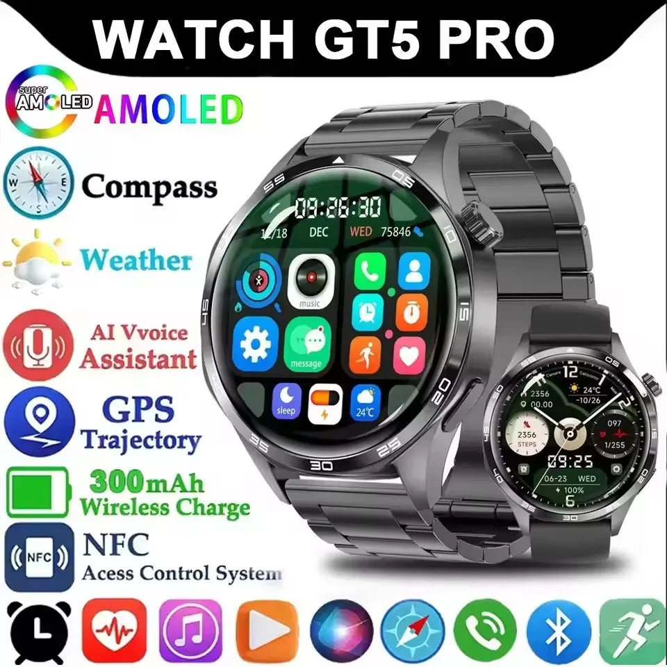 ساعة GT5 Pro الذكية الجديدة للرجال، إصدار 2025، مزودة بنظام تحديد المواقع العالمي (GPS)، وشاشة AMOLED بزاوية 360 درجة، وتقنية NFC، وبلوتوث لإجراء المكالمات، ومقاومة للماء، وميزة مراقبة الصحة، متوافقة مع نظام iOS.