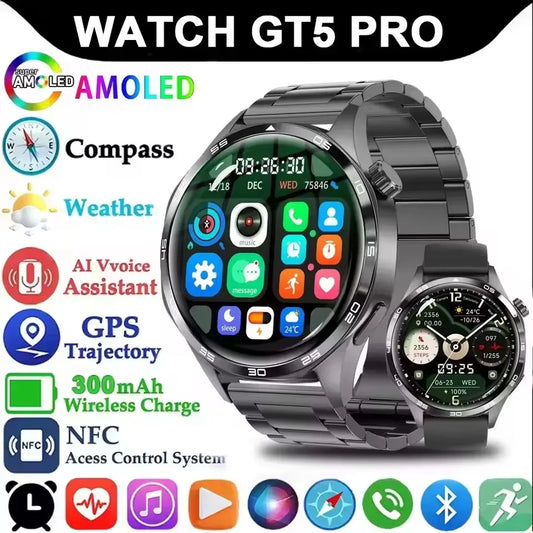 ساعة GT5 Pro الذكية الجديدة للرجال، إصدار 2025، مزودة بنظام تحديد المواقع العالمي (GPS)، وشاشة AMOLED بزاوية 360 درجة، وتقنية NFC، وبلوتوث لإجراء المكالمات، ومقاومة للماء، وميزة مراقبة الصحة، متوافقة مع نظام iOS.