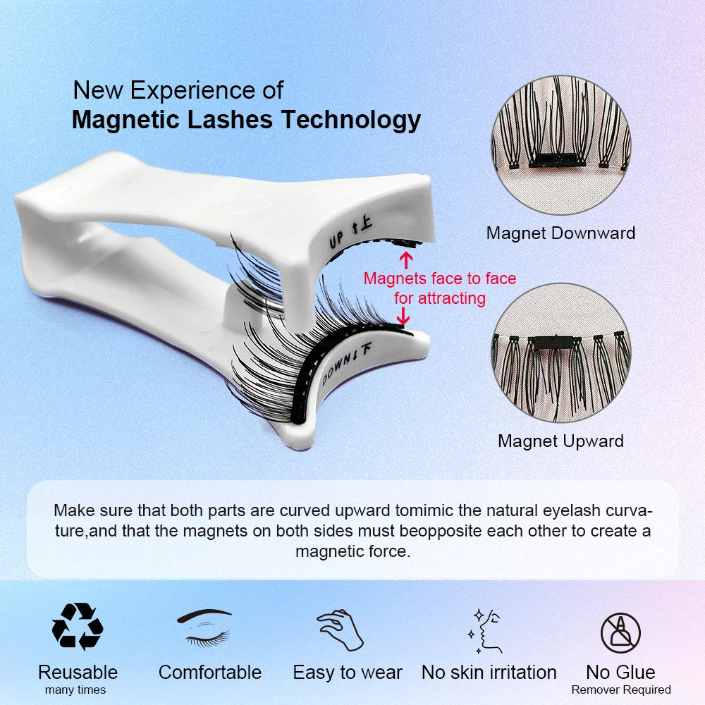 Magnetic Eyelashes Set 1 Pair Reusable No Glue Needed False Eyelashes with Magnetic Tweezers Curly Faux Lashes Makeup Tool