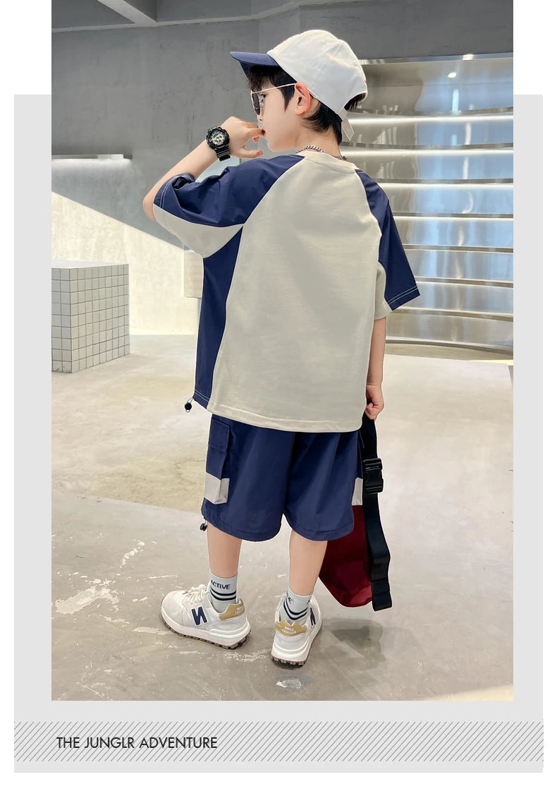 Kids Clothing Sets For Boys Fashion Short Sleeve T Shirts Shorts 2pcs Tracksuits Summer Children Teenager Sportswear Suits 5-14Y