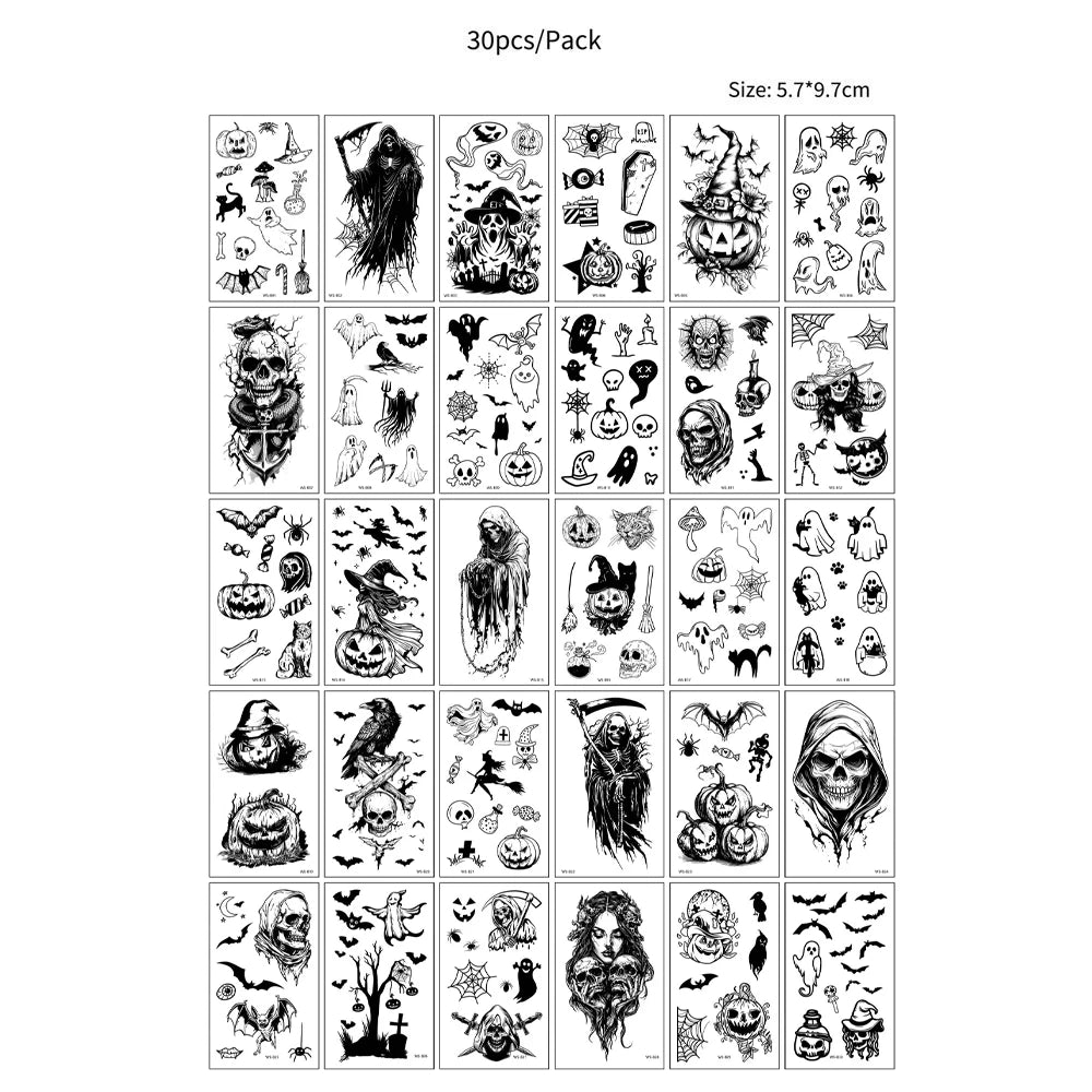 30pcs Waterproof Spider Tattoo Stickers Realistic Skull Temporary Tattoos for Halloween Party NecK Face Body Decor Fake Tattoo