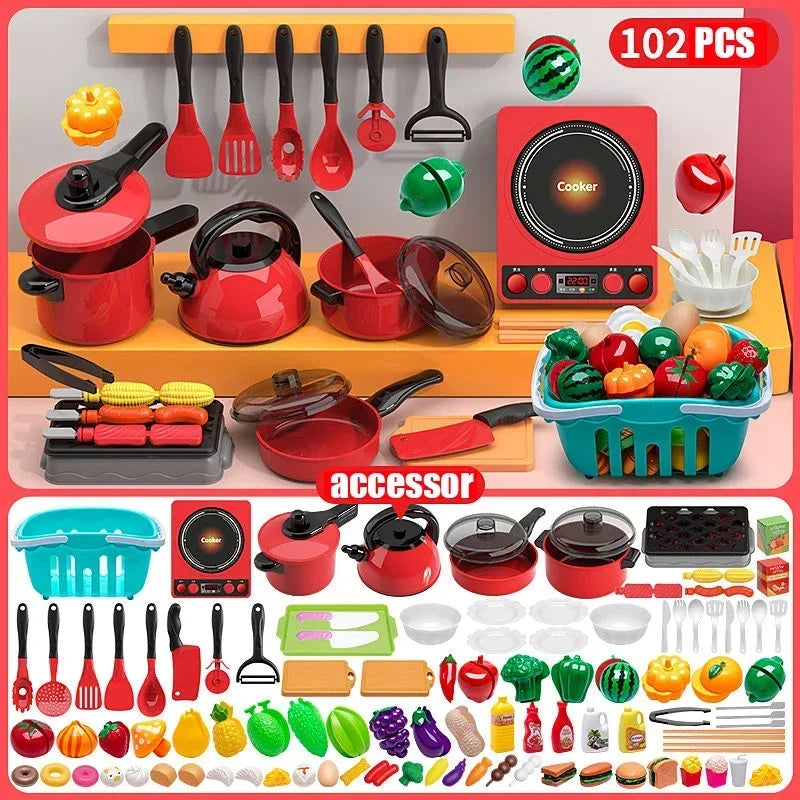Kids Toys Pretend Play Red Kitchen Toys Simulation Food Cooking Girl's Boys Educational Play House Interactive Toys for Children