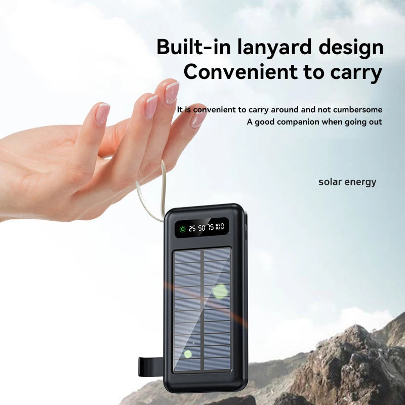 بنك طاقة شمسي بسعة 50000 مللي أمبير، بطارية شحن سريع، كابلان USB 4، شاشة عرض رقمية LED، متوافق مع أجهزة iPhone