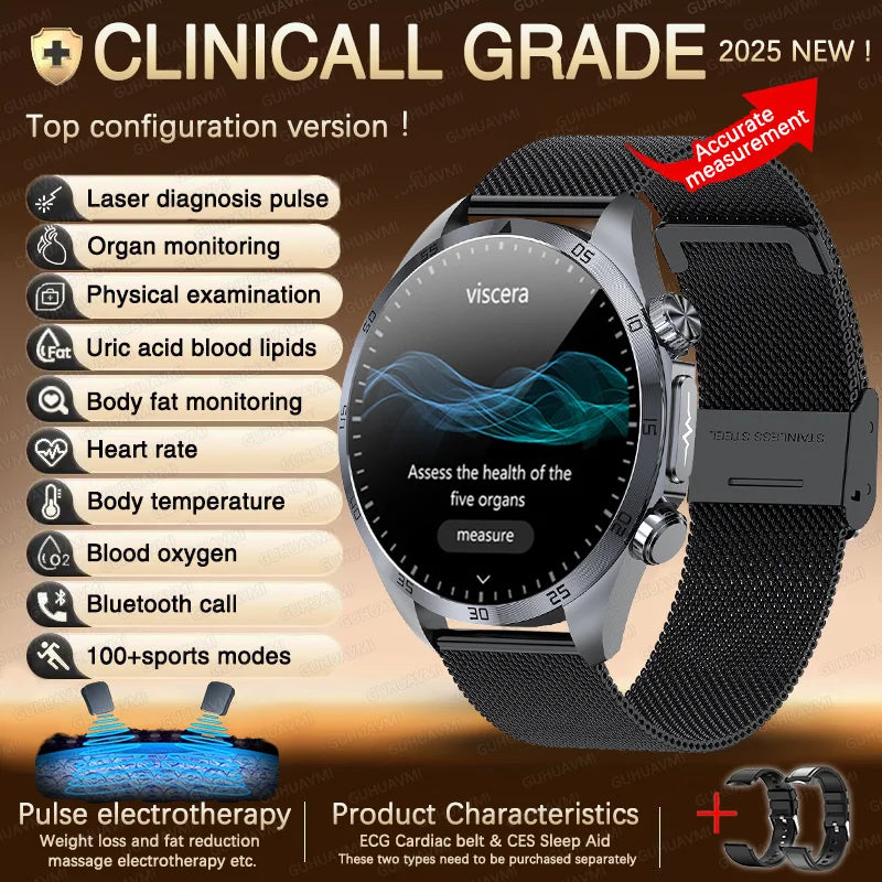 2025 Laser Pulse Uric Acid Blood Fat Nursing Smart Watch Men Body Fat Blood pressure ECG+PPG Sleep aid Treatment Health Watch